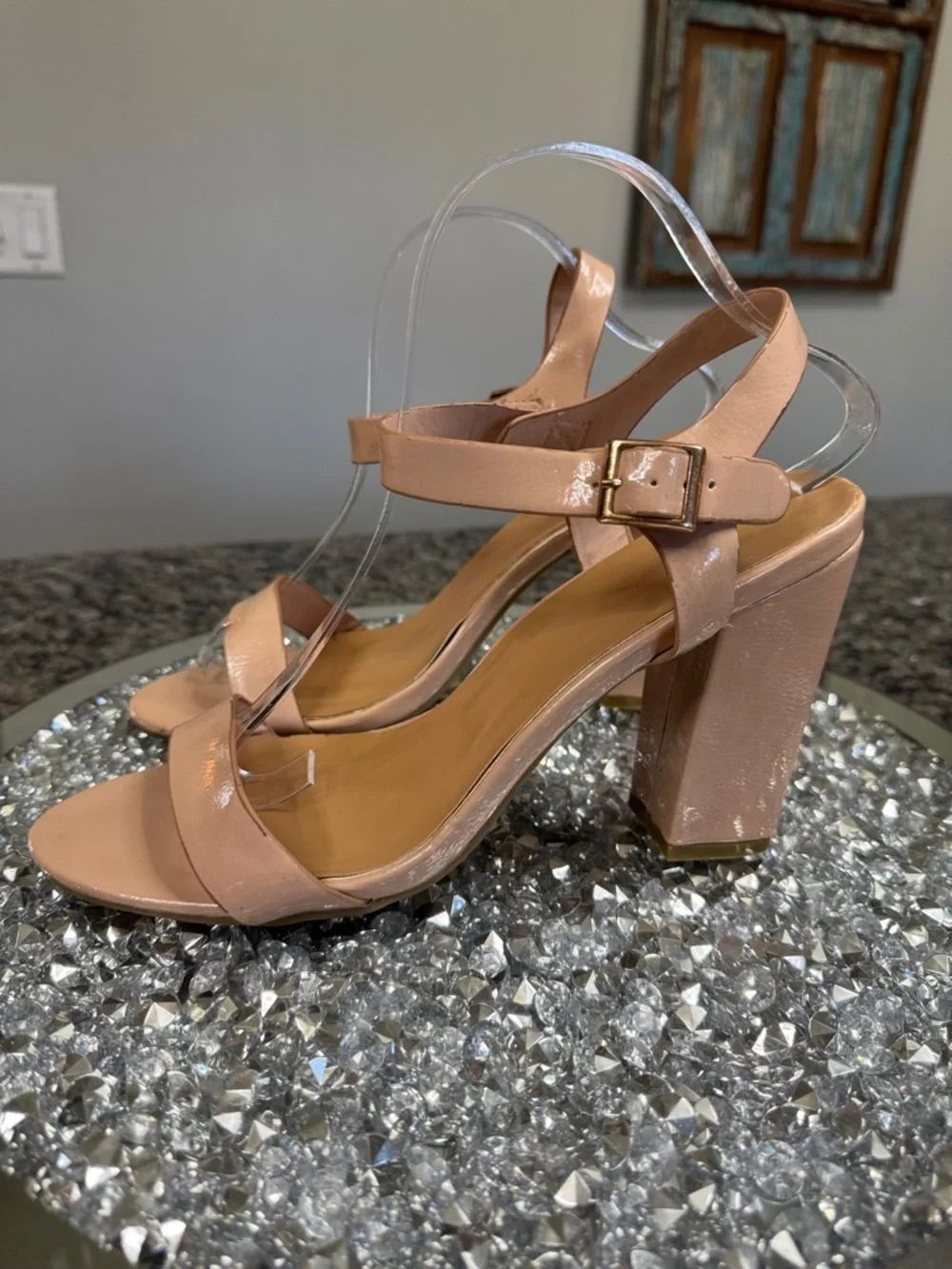 BAMBOO Nude Patent Block Heel Sandals 11